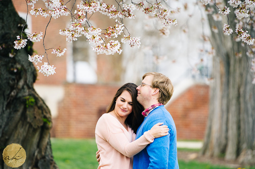 washington dc spring engagement session couple hugging under cherry blossom tree