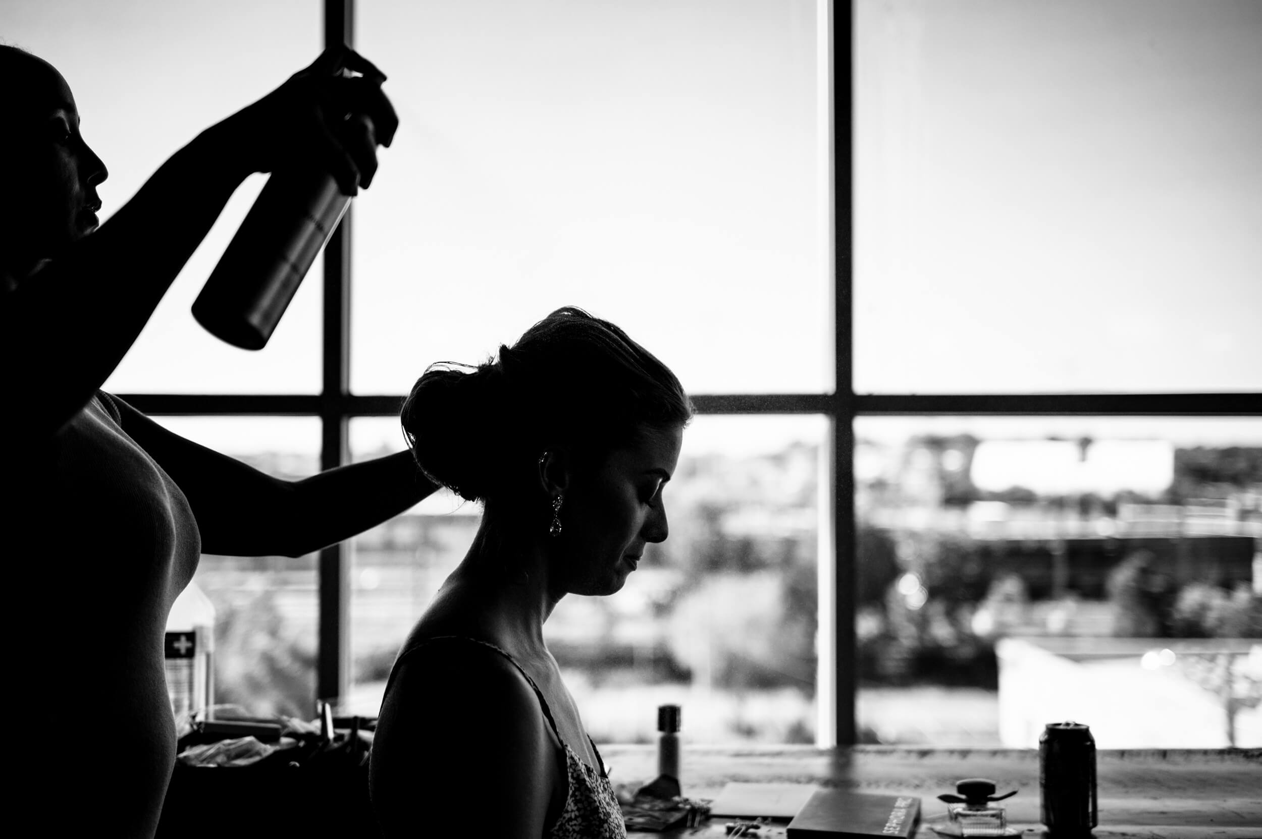 bride getting hair done at washington dc winery wedding venue