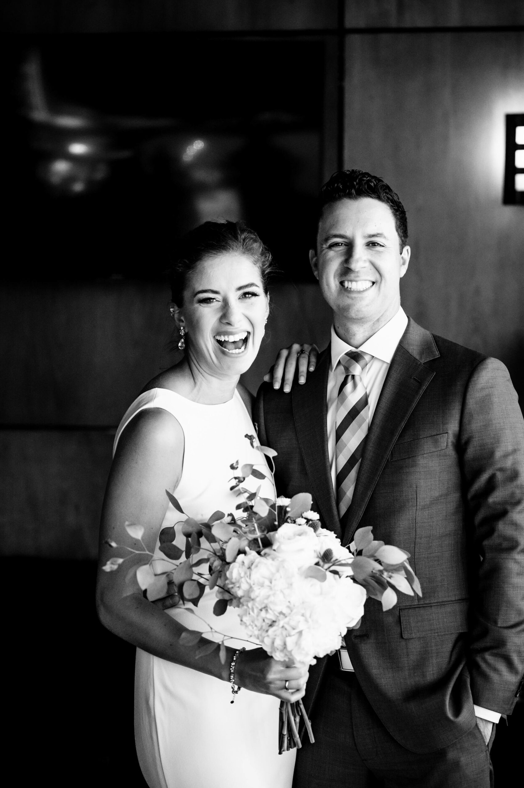 black and white portrait of just married couple in washington dc